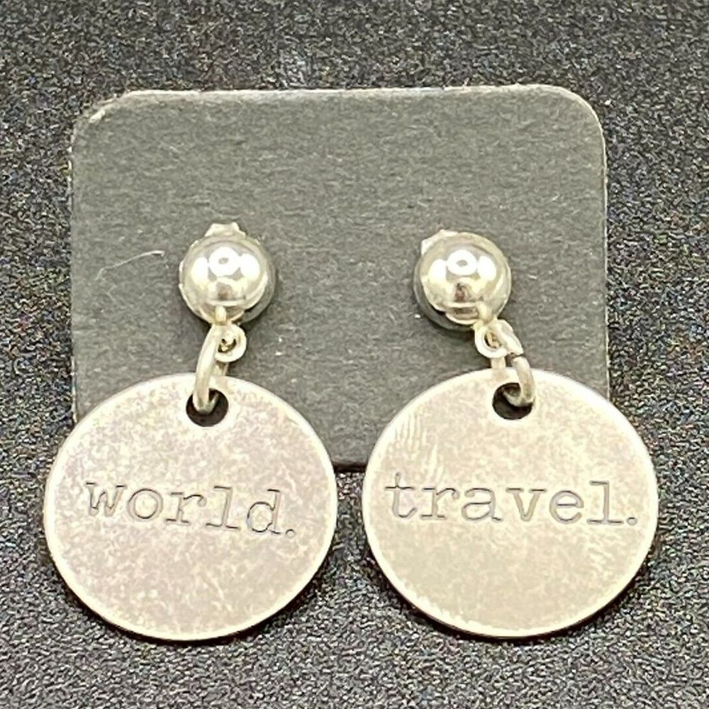 World Travel Earrings Metal Discs Dangle With Silver Plated Posts